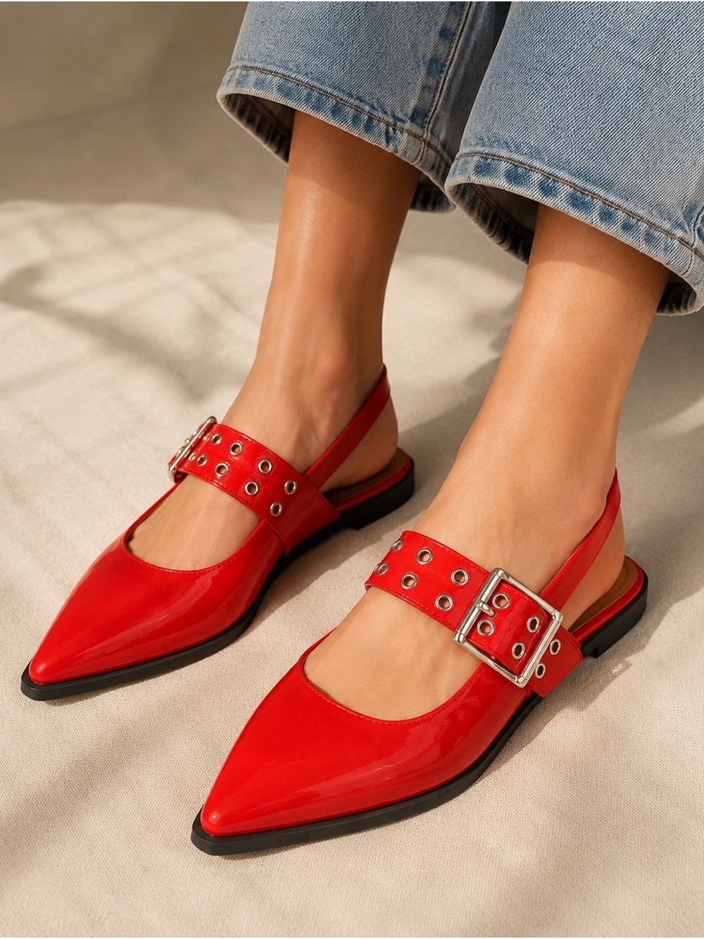 Steve Madden Red Patent Smokee Slingback Pointed Toe Buckle Flats Size 10